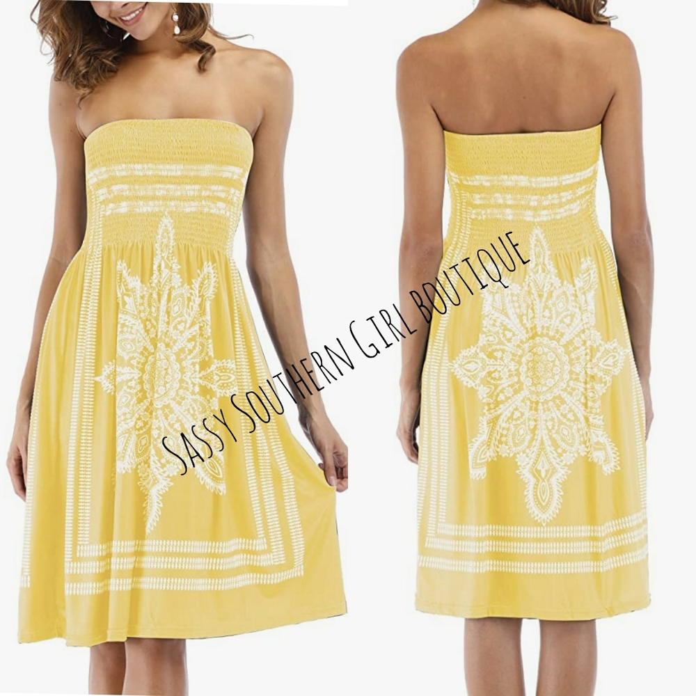 🆕⭐ Boho Yellow pull on tube strapless dress⭐